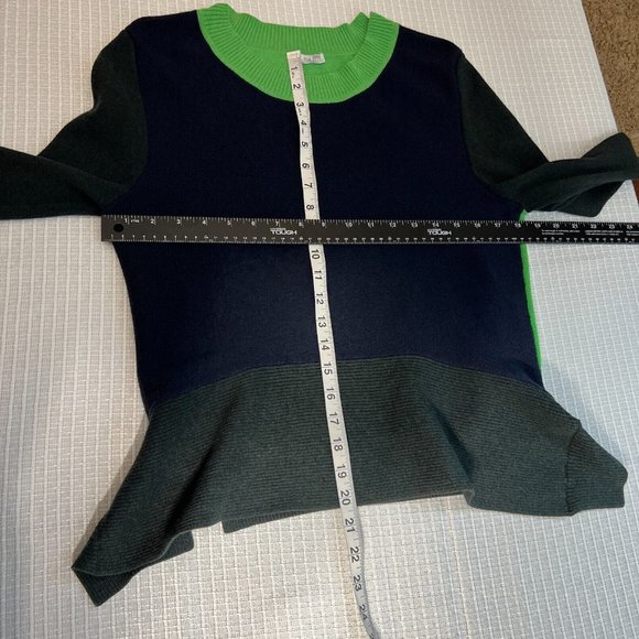 Tome Sweater Women Large Navy Green Colorblock Merino Wool Cotton Slit Peplum - Picture 9 of 15